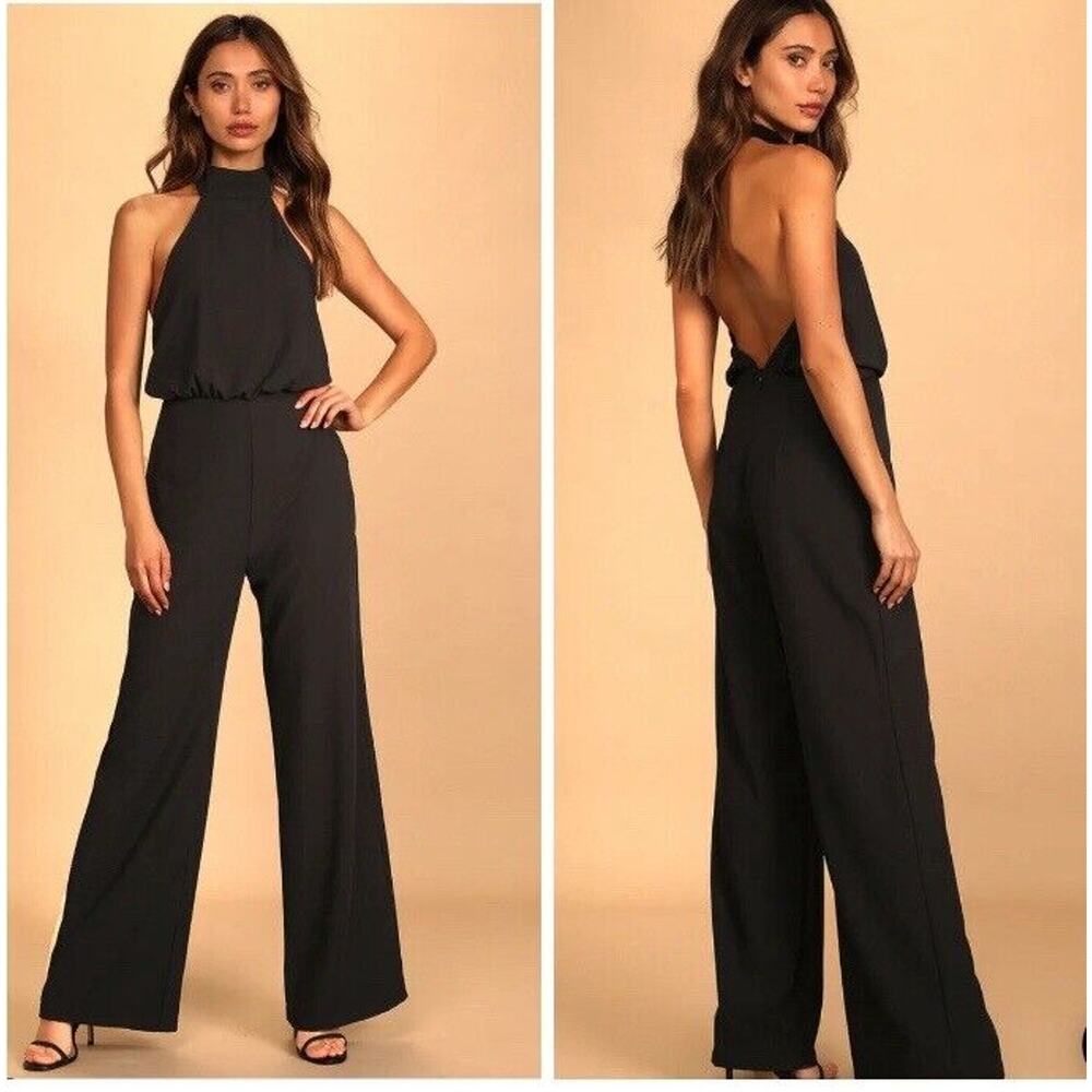 Lulu’s Moment for Life Halter Open Back Black Jumpsuit SZ S Sleek‎ Coquette Lux